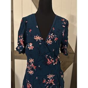 Lulus Dalton Teal Blue Floral Print Ruffled Wrap Dress Size Large